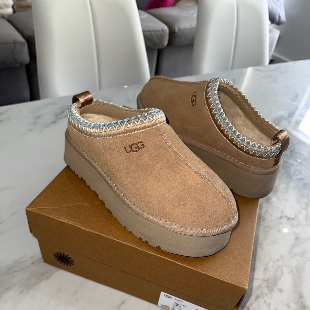 UGG Women's Tan Slippers with Blue Trim